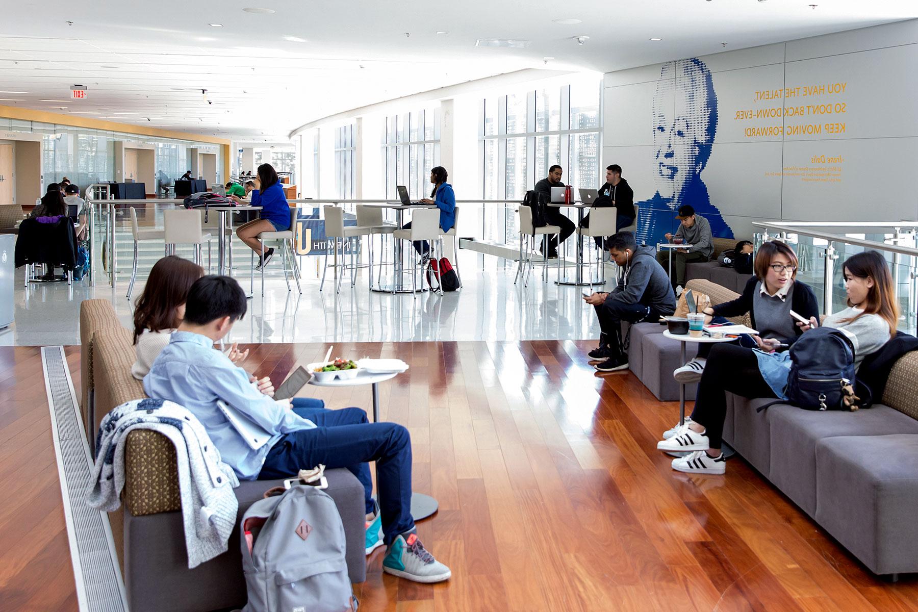 A group of people lounging in the student union